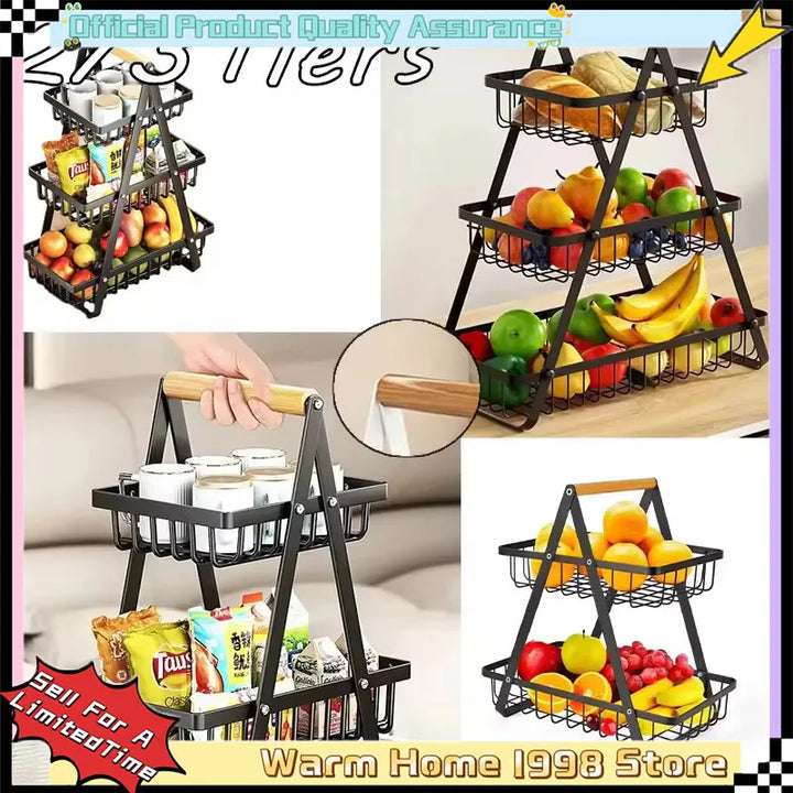 New 2 3 Tiers Countertop Fruit Basket Portable Iron Art Kitchen Organizer