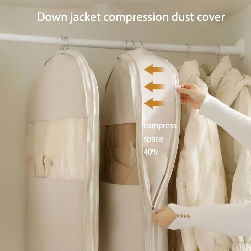 Beige Compression Hanging Bag, Durable Zipper for Winter Clothes