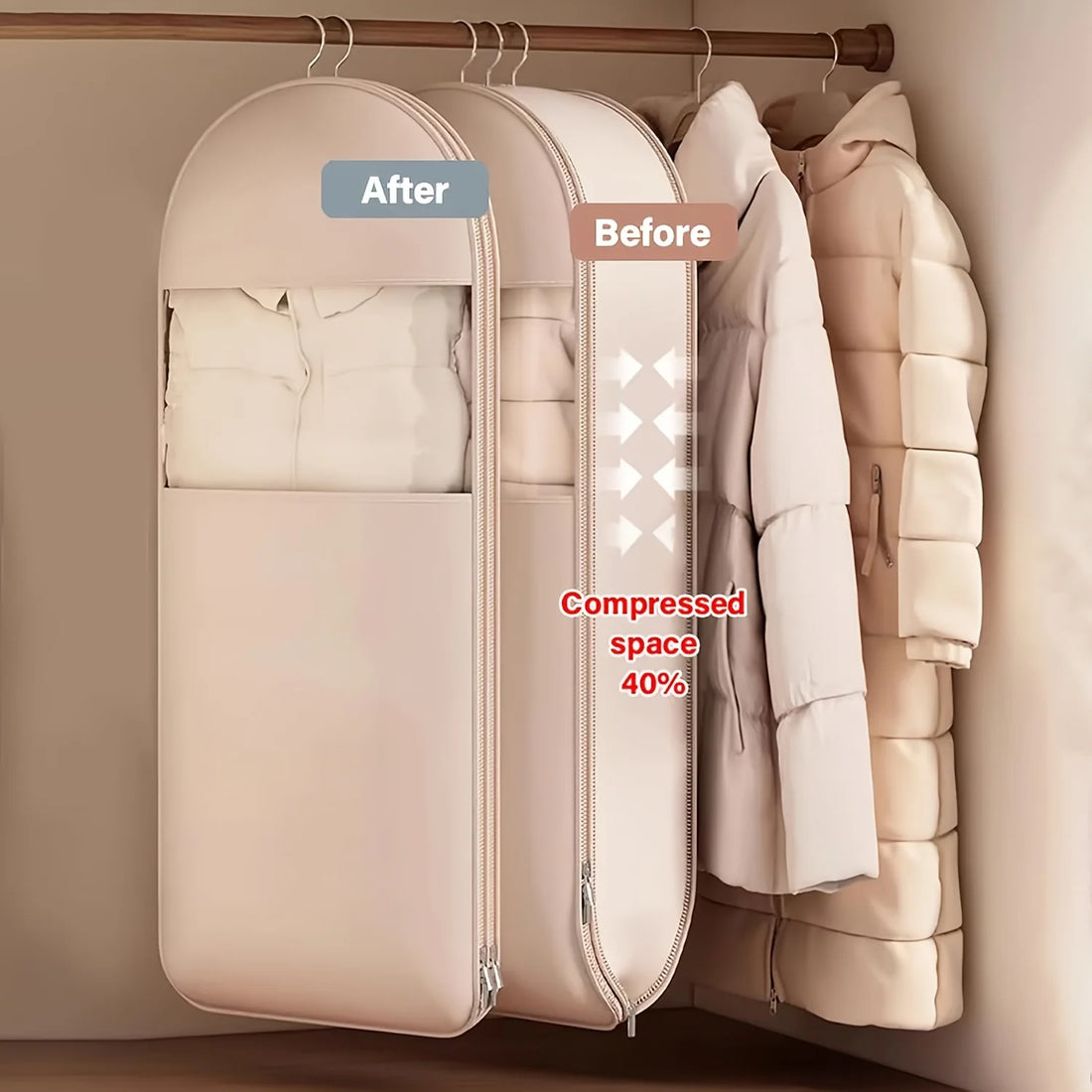 Beige Compression Hanging Bag, Durable Zipper for Winter Clothes