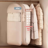 Beige compression hanging bag by eprolo with durable zipper for storing winter clothes, showcasing compact storage solution.