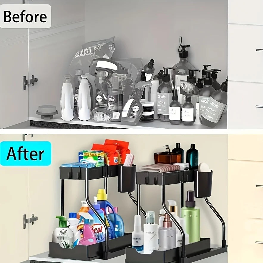 Space Saving 2 Tier Under Sink Organizer,Pull Out Storage Box Drawer Organizer