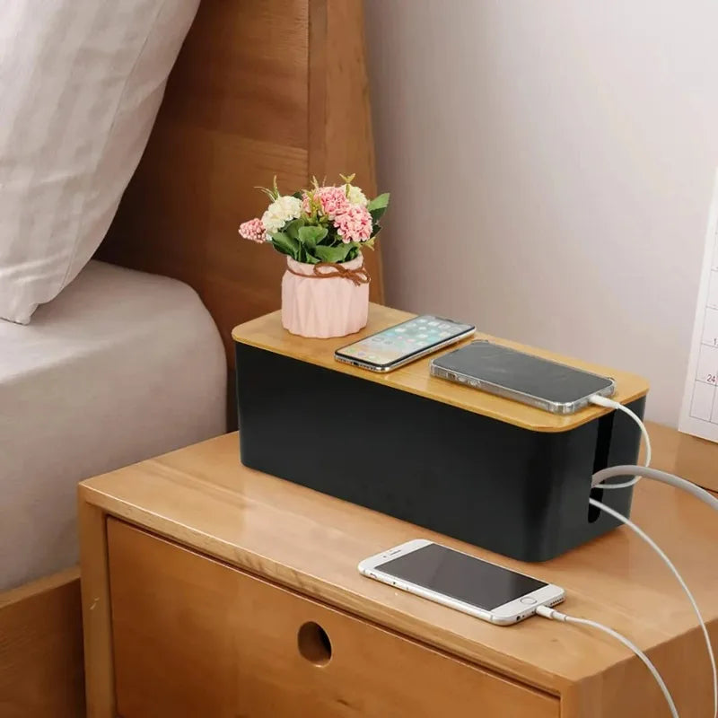 Wooden Cable Storage Box Dustproof Power Line Organizer Home Charger Socket