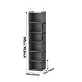 Eprolo hanging closet organizer with six shelves and hooks for wardrobe storage, shown filled with clothing and accessories.