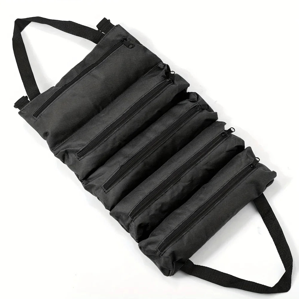 Heavy-duty eprolo roll-up tool bag made of Oxford fabric with multiple tool compartments and secure closure.