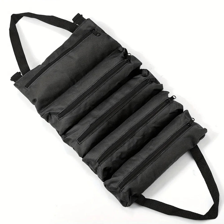 Heavy-duty eprolo roll-up tool bag made of Oxford fabric with multiple tool compartments and secure closure.