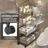 Transparent acrylic trolley by eprolo with multiple shelves for cosmetics, ideal for bedroom or living room storage.