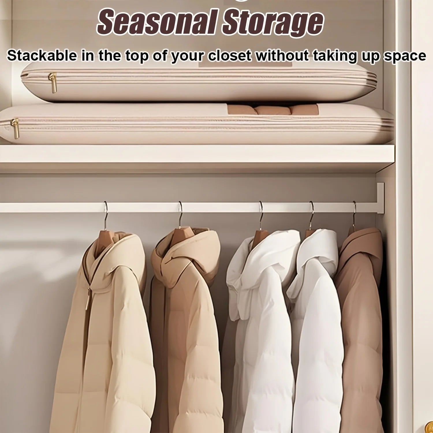 Beige Compression Hanging Bag, Durable Zipper for Winter Clothes