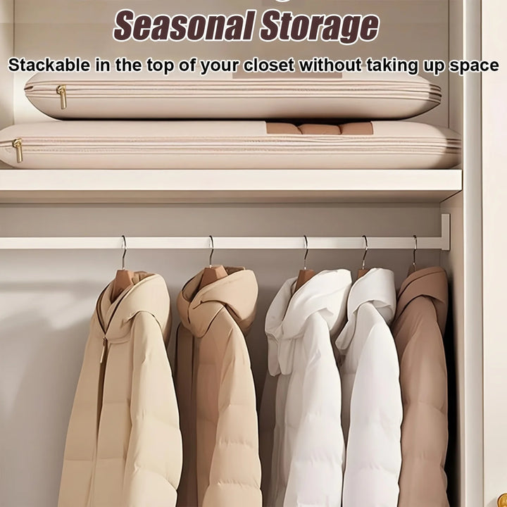 Beige Compression Hanging Bag, Durable Zipper for Winter Clothes