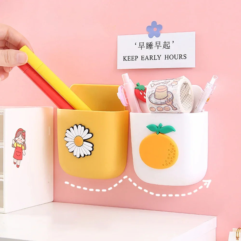 Cute Storage Rack Desk Organizer Pen Holder Self Adhesive Stationery Holder