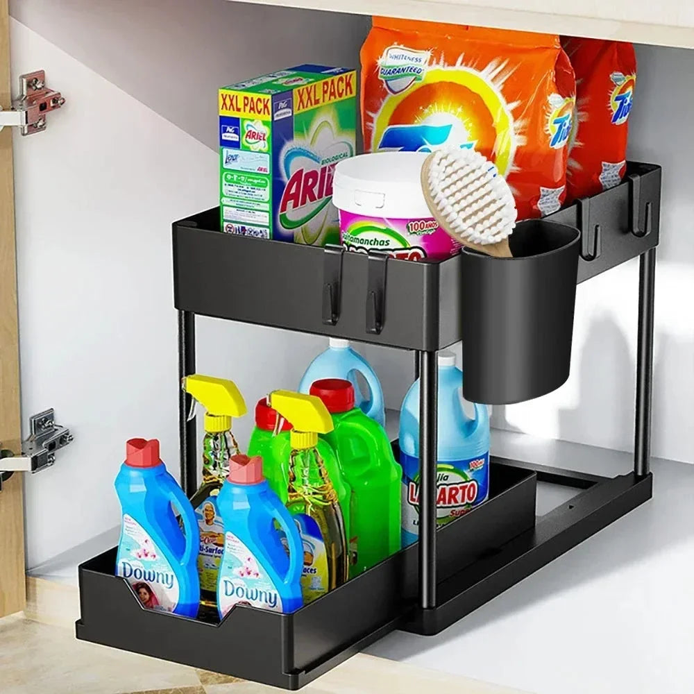 2 Tier Under Sink Sliding Cabinet Basket Organizer Storage Rack
