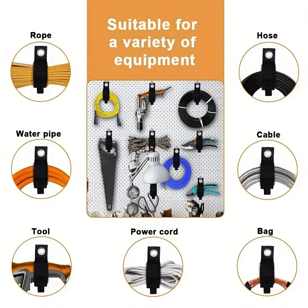 Reusable nylon storage straps by eprolo for organizing extension cords and heavy-duty tools in a neat, secure manner.