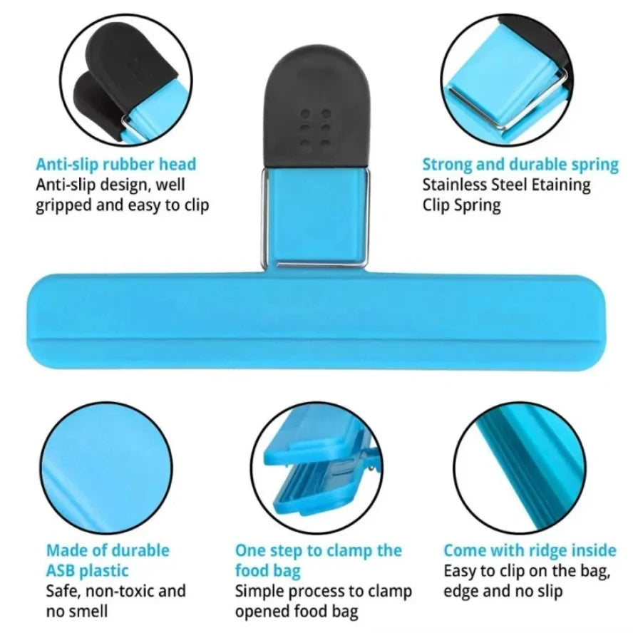 Six eprolo T-type kitchen food sealing clips holding plastic bags for tea, snacks, and food storage.