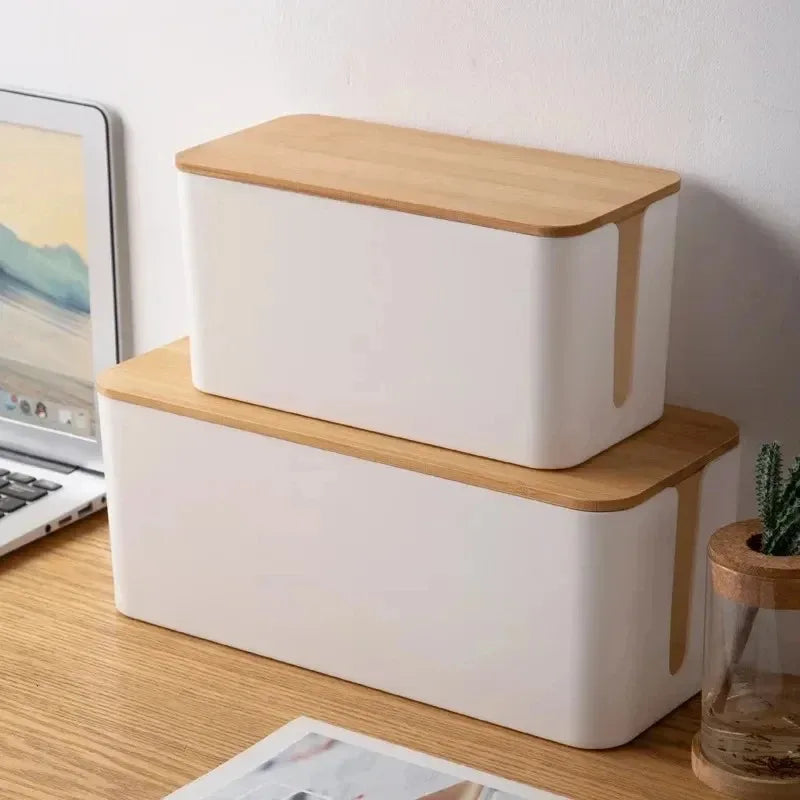 Wooden Cable Storage Box Dustproof Power Line Organizer Home Charger Socket