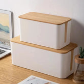 eprolo wooden cable storage box with dustproof cover, power line organizer and home charger socket for tidy wiring management