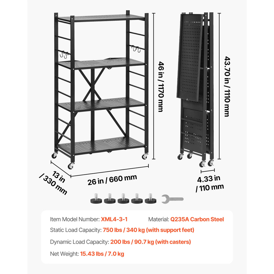 Buy 6/5/4/3 Tier Black Foldable Storage Shelf with Wheels Folding Rack