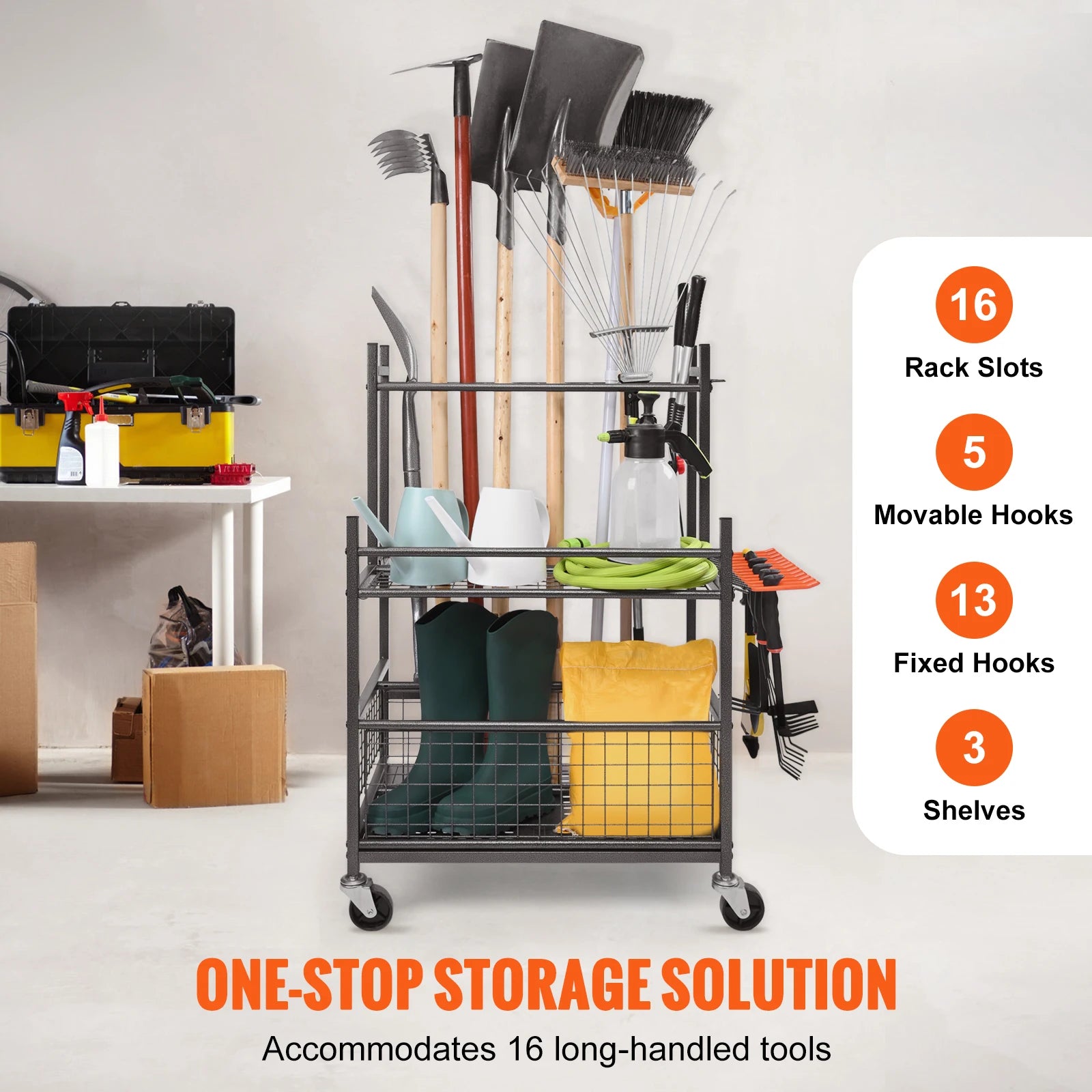 SucceBuy 16 Slots Garden Tool Organizer Yard Tool Tower Rack with Hooks