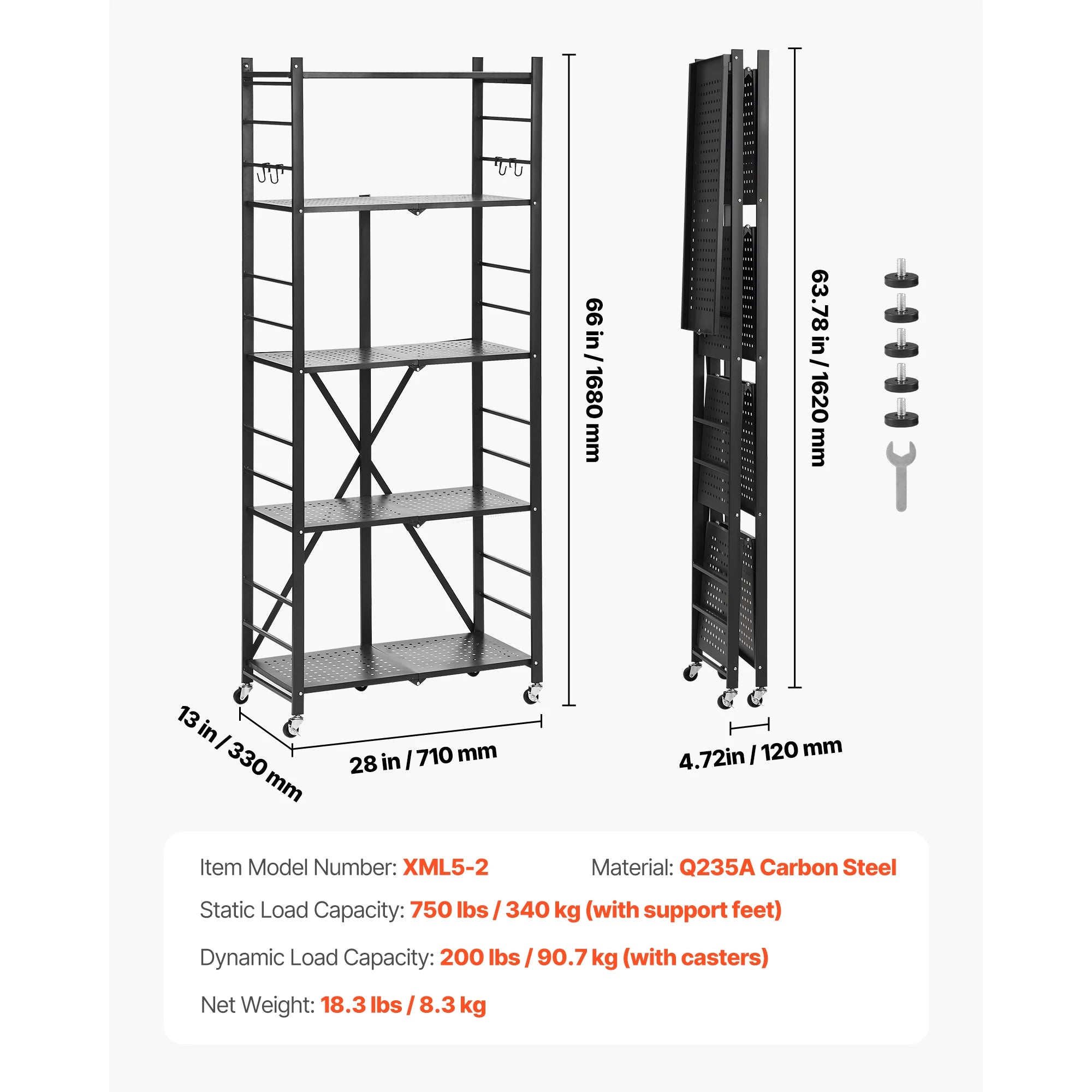 Buy 6/5/4/3 Tier Black Foldable Storage Shelf with Wheels Folding Rack
