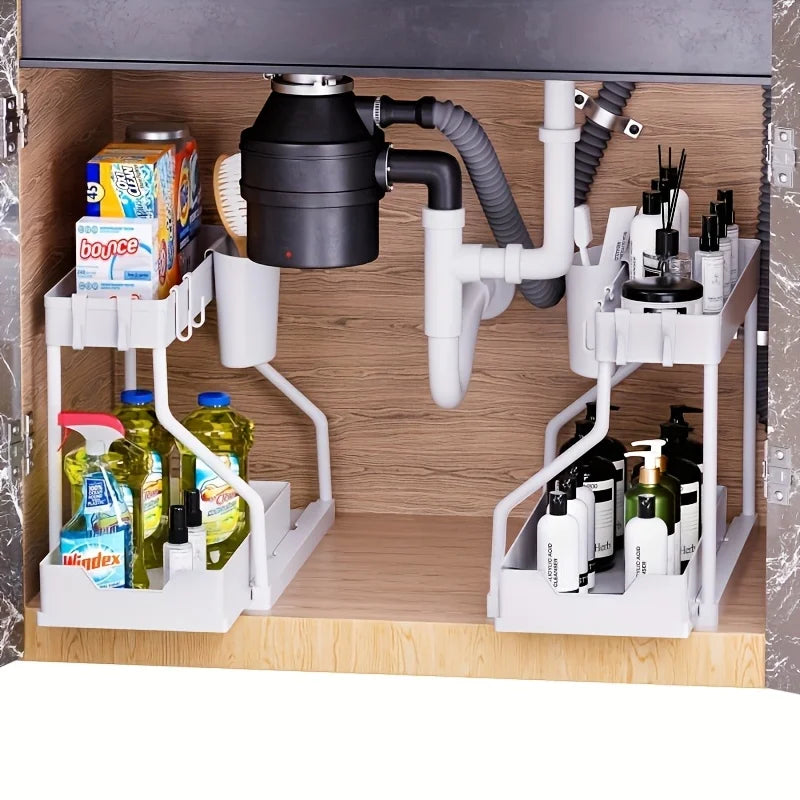 Space Saving 2 Tier Under Sink Organizer,Pull Out Storage Box Drawer Organizer