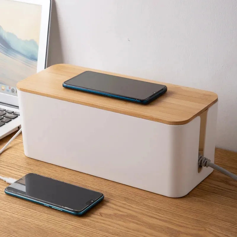 Wooden Cable Storage Box Dustproof Power Line Organizer Home Charger Socket