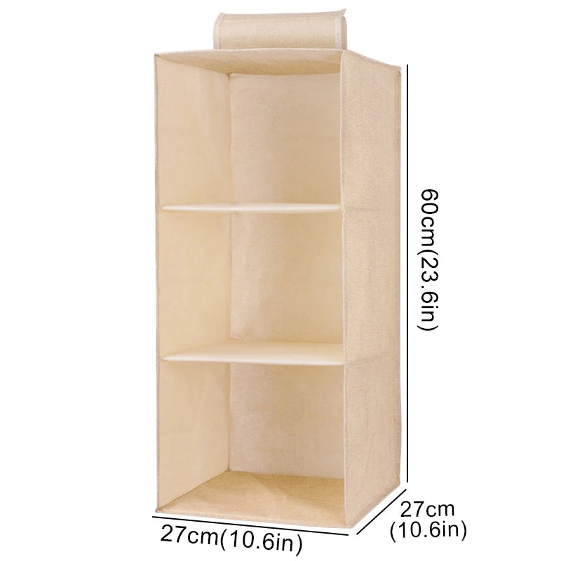 Cotton linen hanging storage bag with drawer-style compartments in a wardrobe organizer by eprolo, featuring multiple fabric pockets.