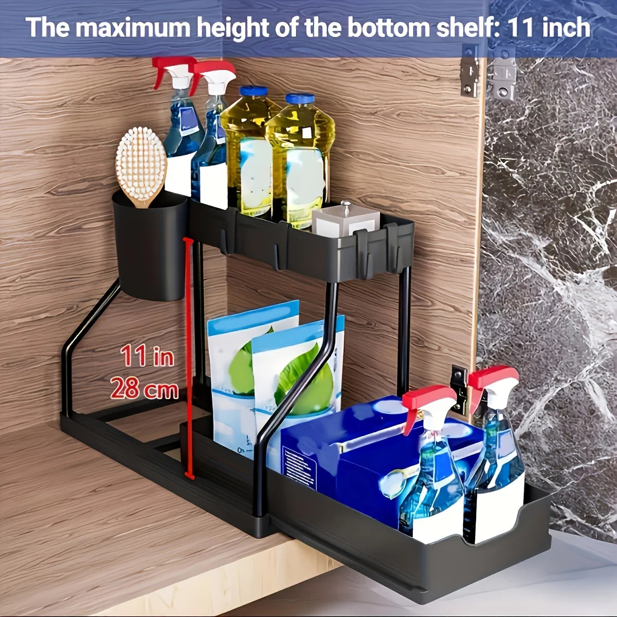 Space Saving 2 Tier Under Sink Organizer,Pull Out Storage Box Drawer Organizer