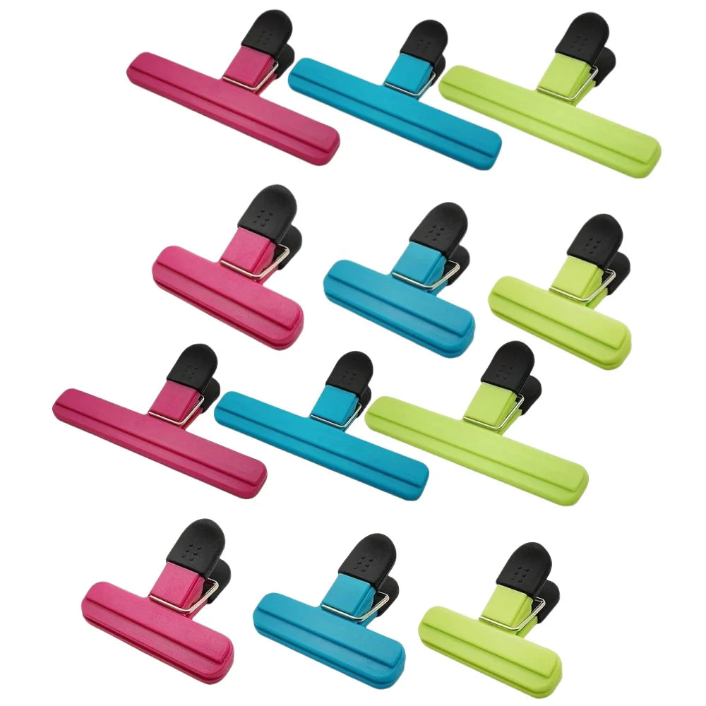 Six eprolo T-type kitchen food sealing clips holding plastic bags for tea, snacks, and food storage.