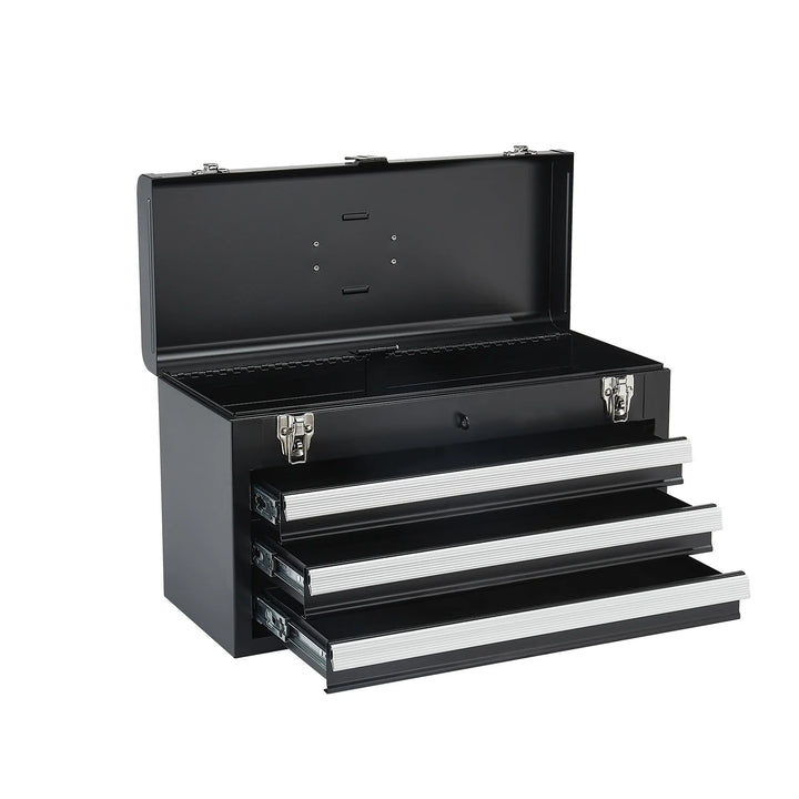 Black and red eprolo SucceBuy 20-inch 3-drawer metal tool box with multifunction organizer and sturdy handle for storage and transport.