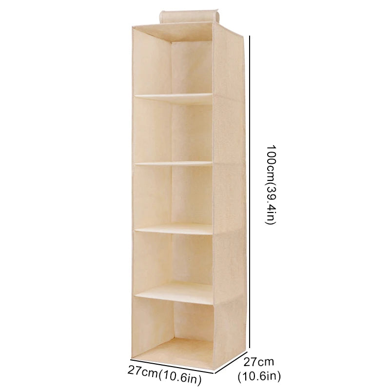 Cotton linen hanging storage bag with drawer-style compartments, wardrobe organizer from eprolo in neutral beige color.