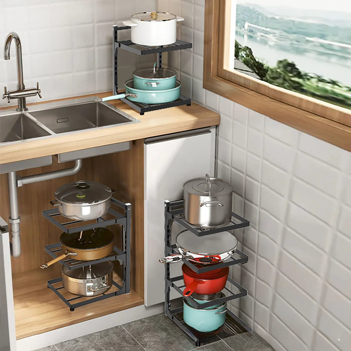 Kitchen Shelf Space-saving Kitchenware Storage Rack Adjustable Pot Rack