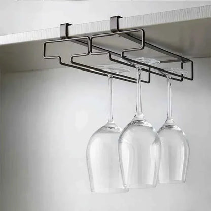 Under-cabinet wine glass holder with three hanging stems, sleek metal design for kitchen storage