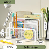 Black metal mesh papers tray and notebook stand rack with 3 layers, ideal for desk organization and storage.